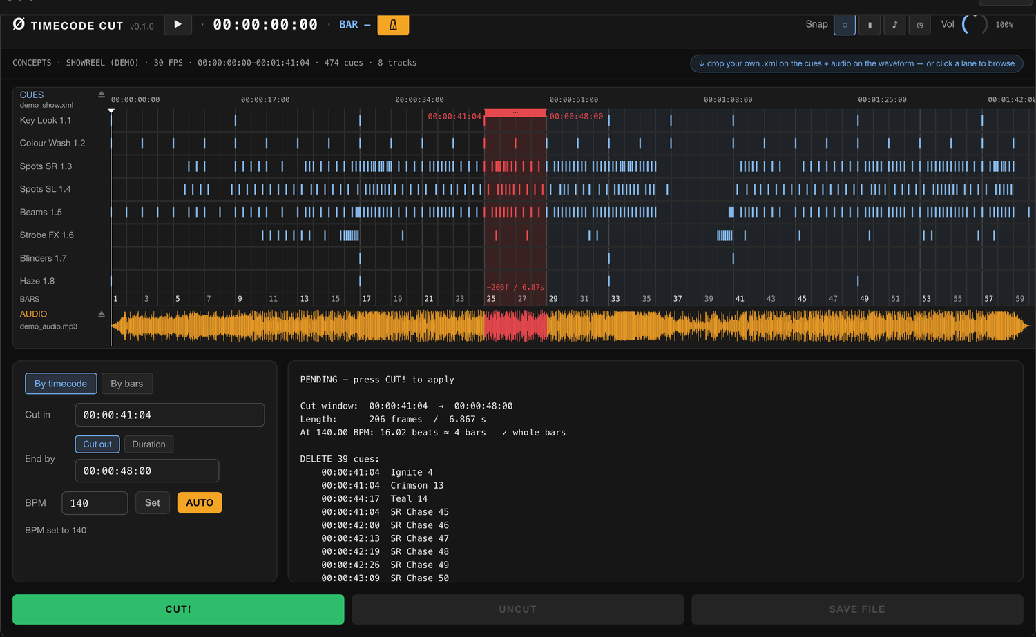 MA2 Timecode Cut — timeline of 474 cues across 8 tracks, BPM bar grid, waveform and a ripple-cut window