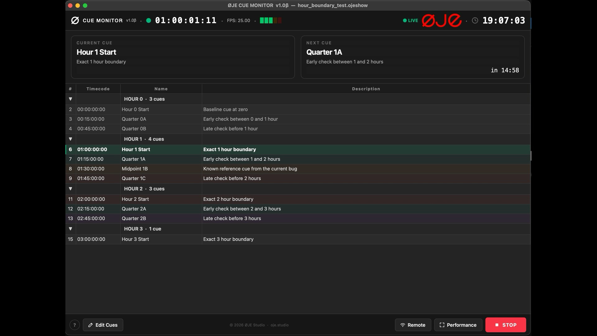 ØJE Cue Monitor — the cue editor: a non-linear cue list with timecode, sections and live signal